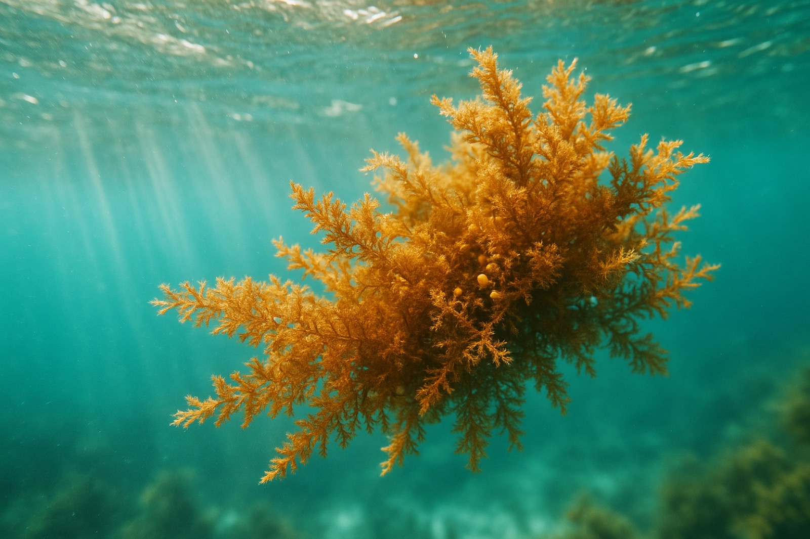 Sargassum strands drifting in turquoise water