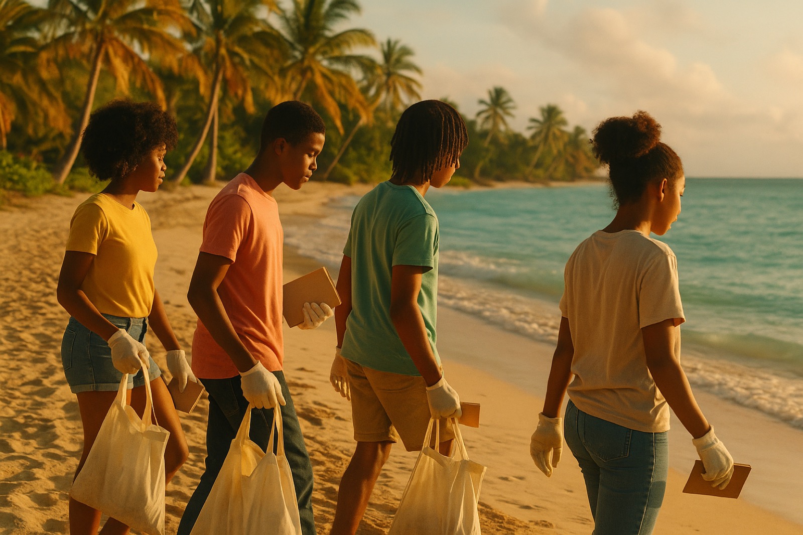 Caribbean youth on a beach cleanup at golden hour