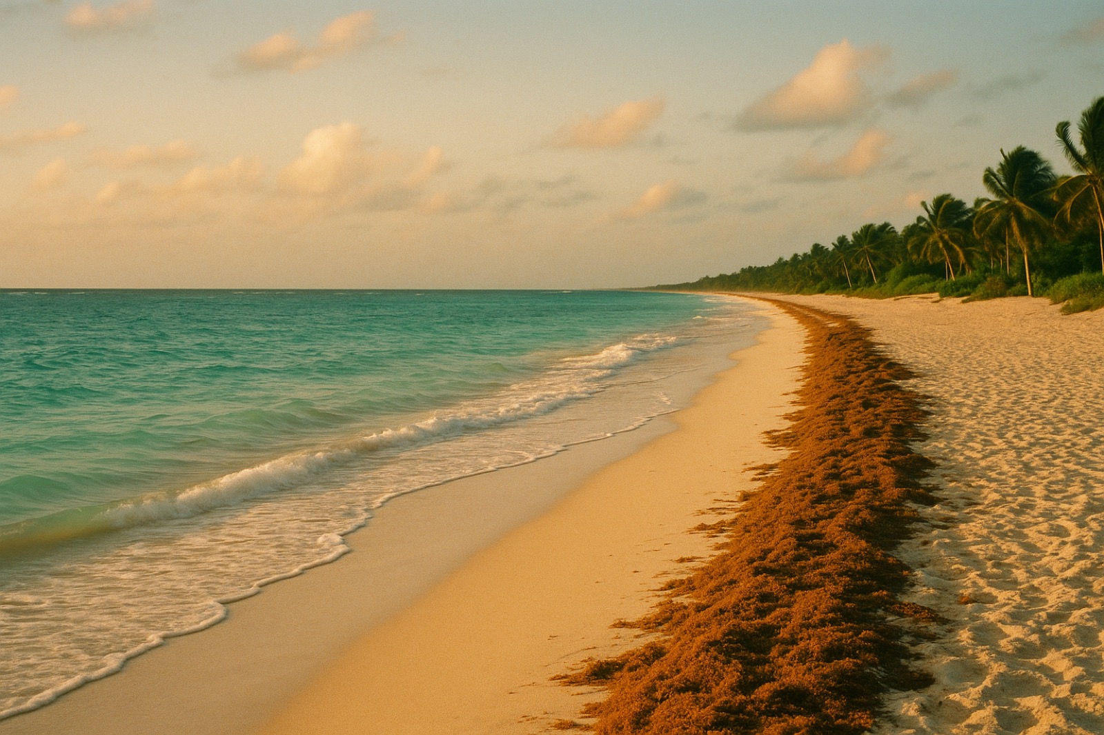 Caribbean coastline with golden sargassum along the tide line